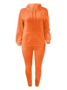 LovelyWholesale Women's Hooded Collar Long Sleeves Pocket Plain Casual Everyday Wear Autumn Winter Top And Pants Set - Orange - View 5