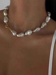 1 件复古经典不对称巴洛克珍珠 OT 扣项链 - 白色 - 查看 2