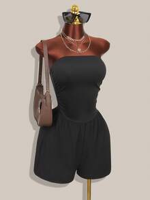 Women's Black Strapless Ruched High-Waist Slim Jumpsuit ,Casual Daily Wear, Suitable For Summer, Women's Jumpsuit - Black - View 1