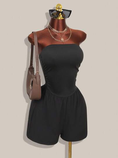 Women's Black Strapless Ruched High-Waist Slim Jumpsuit ,Casual Daily Wear, Suitable For Summer, Women's Jumpsuit