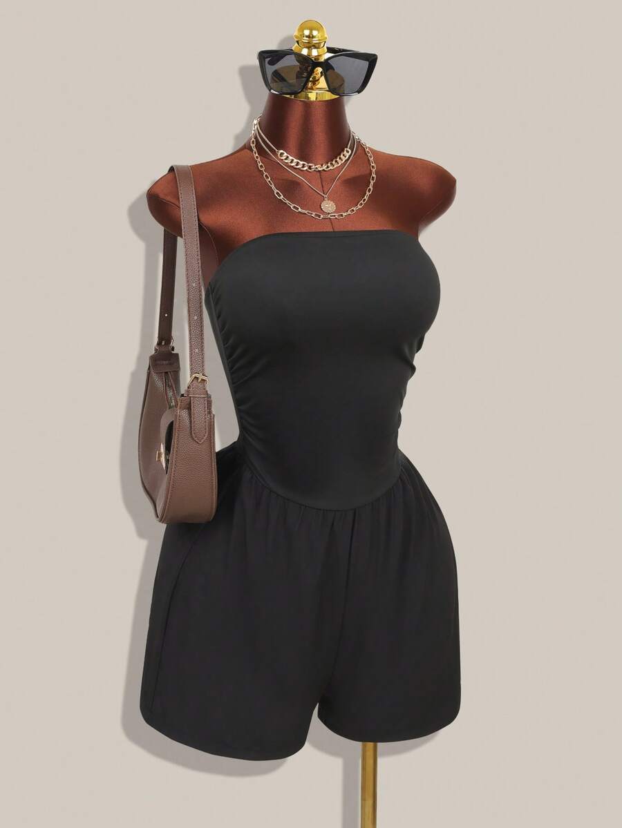 Women's Black Strapless Ruched High-Waist Slim Jumpsuit ,Casual Daily Wear, Suitable For Summer, Women's Jumpsuit - Black - View 1