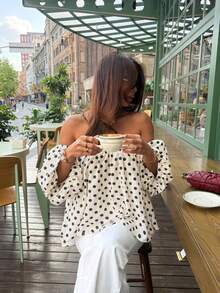 Polka Dot Pattern Off-Shoulder Loose Blouse, Suitable For Spring And Summer - White - View 7
