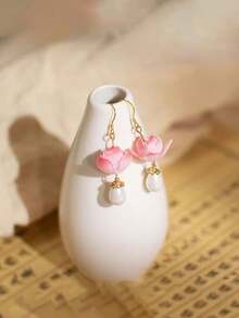 1 Pair Pink Lotus Flower Drop Earrings With Pearl Decoration, Elegant Design Earrings - Multicolor - View 6