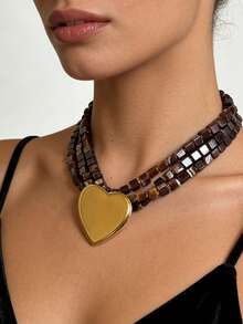 1件不锈钢不对称心形棕色方形串珠多层项链，18K镀金防水时尚百搭女士项链 - 項鍊 - 查看 9