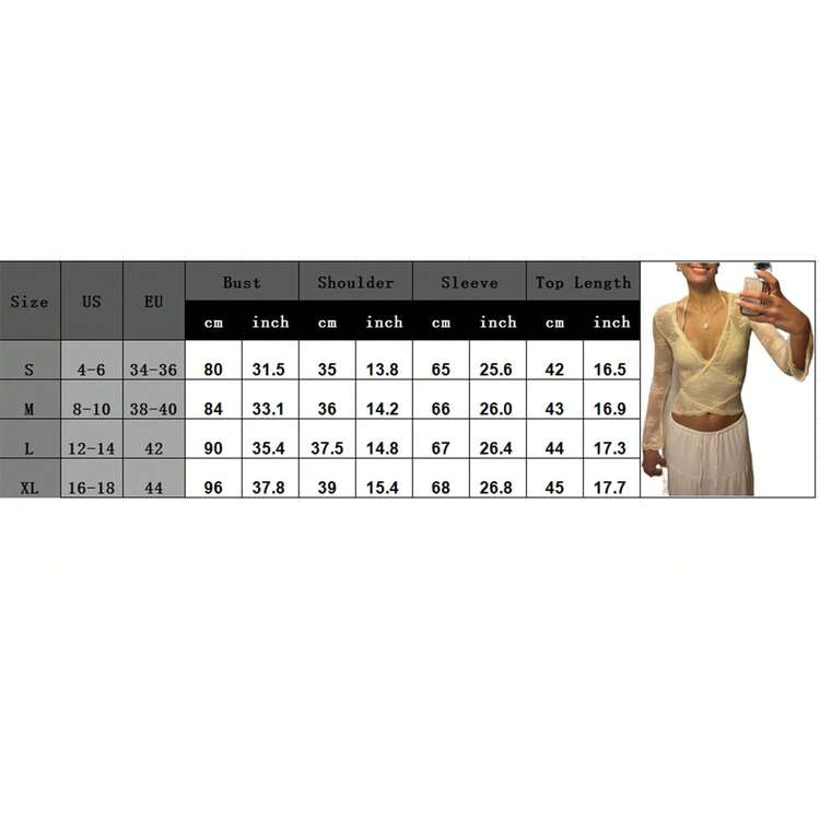 Blusas de mujer con crop top de encaje, de manga larga, cuello en V profundo, cruzadas y envolventes, camisetas transparentes para usar por capas - Blanco-A - Añade 5