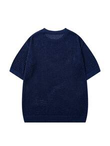 BLACKTOEXIT Men's Knitted Short Sleeve Crew Neck Fitted Loose American Street Style All-Over Hollow Mesh Solid Color Sheer Knit T-Shirt Spring Summer Knit Top - Navy Blue - View 7