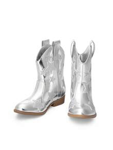 Girls Cowgirl Boots Mid Calf Glitter Cowboy Western Boots Toddler Girls Star Riding Shoes - 銀色 - 查看 10