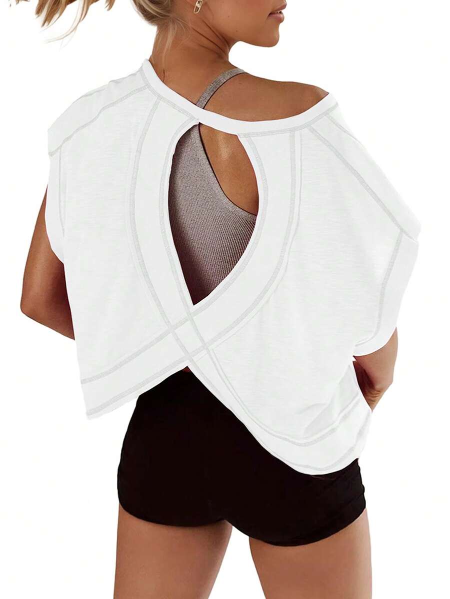 Women's Y2K Open Back Slouchy Cropped Summer Top- Casual Short Sleeve Yoga Shirt - White - View 1