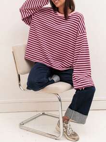 New Stylish & Elegant Striped Ribbed Top, Suitable For Home, Daily Wear, Brunch, Airport, All Seasons Pink Vacation Spring - Pink - View 3