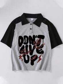 Boys' Casual Slogan Print Polo Collar T-Shirt, Pullover, Summer New Arrival, Suitable For Summer Wear - Grey - View 2