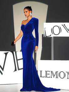 LOVE&LEMONADE Đầm dạ hội dài tay lệch vai màu xanh hải quân thanh lịch dành cho nữ, kiểu đuôi cá, thích hợp cho đám cưới, mùa xuân. - Màu xanh lam - Xem 3