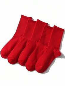 1/3/5/10/15/20 Pairs Women's Solid Red Minimalist Style Comfortable Breathable Mid-Calf Socks - Red - View 2