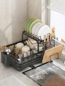 Asnews Double-Layer Draining Rack - Metal Tray Draining Rack For Countertops - Knife, Cup, And Tableware Rack - Kitchen Utensil Draining Rack - Includes Knife And Fork Holder + Chopping Board - Tray Rack / Plate Draining Rack - Black - View 1