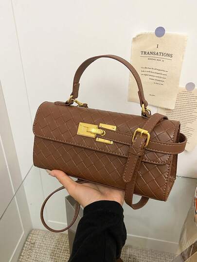 Faux Leather Solid Color Flap Plaid Handbag & Shoulder Bag For Women