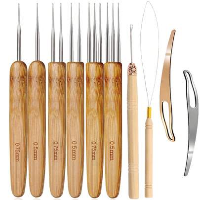 Handle Dreadlock Crochet Hooks For Hair,Stainless Steel Needle Tool, Bamboo Handle Crochet Needles For Hair, Multiple Sizes For Braid Craft, Dread Extensions, Wig Weaving&Making