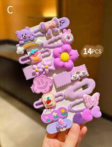 14/28/42 Pieces Cute Multicolored Hair Clips And Hair Accessories For Girls - Roxo - Xem 2