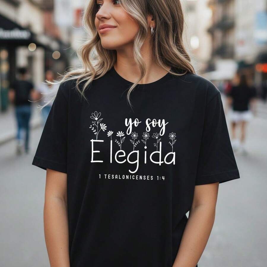 Women's "Yo Soy Elegida" 1 Thessalonians 1:4 Print Cotton T-Shirt, Casual Short Sleeve Religious Graphic Tee, S-5XL Sizes, Floral Christian Quote Top, Soft Breathable Basic Shirt For Daily Wear - 黑色 - 查看 1