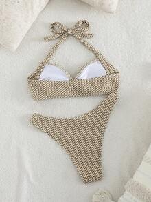 新款女士比基尼泳衣套装，性感扭结露背沙滩度假装 - 米棕色 - 查看 4