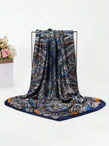 1pc Women's 2026 Spring/Summer Fashion Paisley Print 90cm Square Scarf, Versatile Bandana For Daily Wear & Sun Protection - Navy - View 6