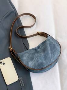 حقيبة جلدية للنساء على شكل كعكة, حقيبة كتف جلد اصطناعي بلون أحادي, قابلة للتعديل للتنقل اليومي - الأزرق - مشاهدة 10