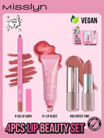  MISSLYN 4-Piece Lip Makeup Set, Including Cream Lip Balm, Cream Lipstick, Matte Long-Lasting Lip Liner, Matte Long-Lasting Lip Liner, Lip Oil Gloss, Lip Oil Lip Balm.