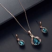 Conjunto de collar con colgante de gota de agua y aretes elegante para mujeres, perfecto para bodas, aniversarios y fiestas - Verde - Ver 10