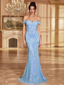 优雅露肩美人鱼亮片礼服，露背系带设计，奢华修身拖尾裙，适合婚礼宾客、宴会等场合穿着。 - 淺藍色 - 查看 3