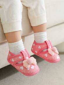 1 Pair Pink Heart Print Baby Walking Shoes Soft Sole First Walkers With Pompom Bow Decor Easy On/Off Hook & Loop Straps Breathable Cutout Design For Indoor Outdoor Use - Pink - View 9