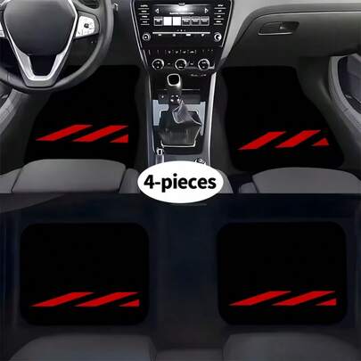 4pcs Car Floor Mat Set | Black Base With Red Striped Design, Fashionable, Easy To Clean, High-Quality Polyester Material, Universal Fit, Suitable For Car Enthusiasts And Drivers For All-Weather Use, Daily Commute