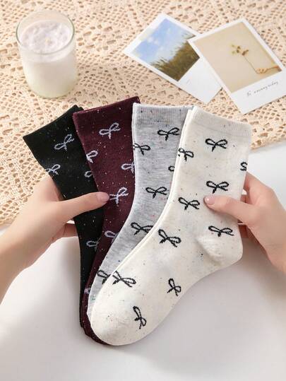 4 paia di calzini a ciuffo con farfalla in rete, adatti per tutte le stagioni/primavera e inverno, traspiranti, con design del tallone largo per una vestibilità migliore, calzini da donna carini e versatili in stili di colori solidi | all'ingrosso | Assortimento casuale