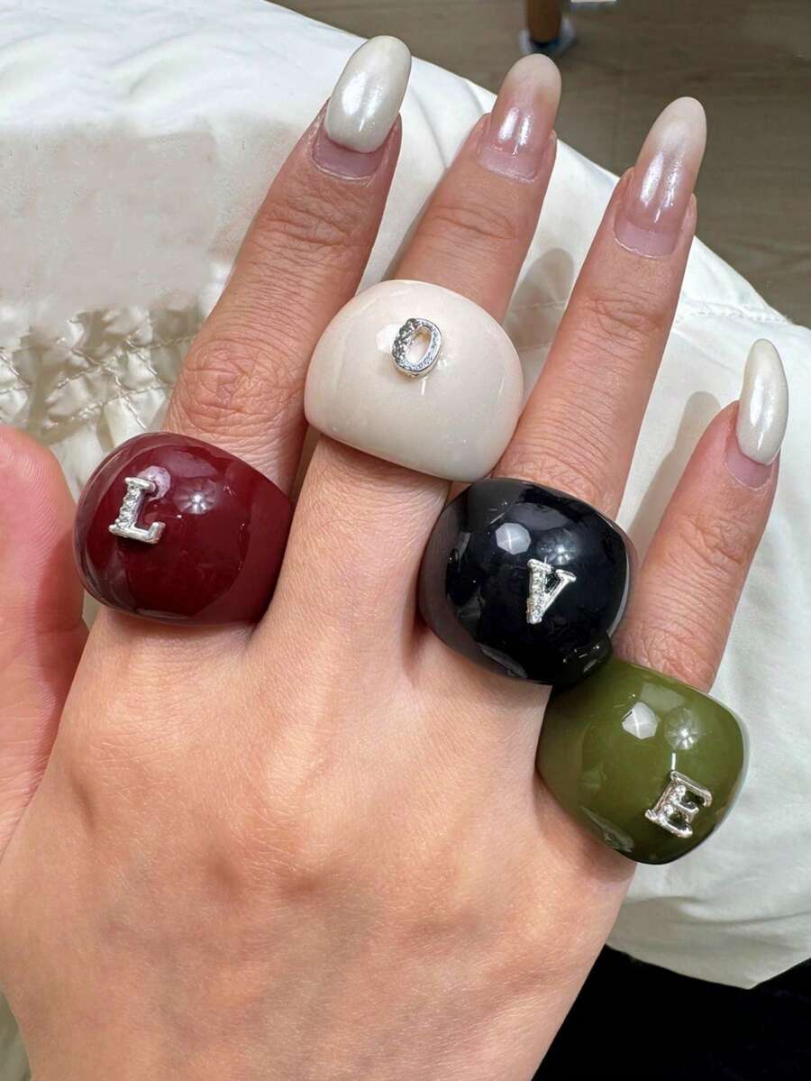 4枚/套情人节LOVE字母戒指,复古优雅女士礼物,时尚百搭日常通勤饰品 - 彩色 - 查看 1