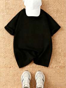 1 pieza Camiseta Negra de Algodón para Niños, Estampada, Cuello Redondo, Cómoda Manga Corta, Transpirable y Antiodorante, Ideal para Verano, Adecuada para niños de 8 a 12 años - Negro - Ver 3