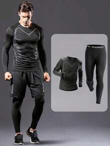 2pcs/Set Men's Fitness Suit, Elastic Quick-Dry Training, With Printed Pattern Long Sleeve Top And Long Pants, Suitable Fitness Training, Basketball, Running, Shaping, Outdoor Running, Riding, Mountaineering, Night Running, Casual Sports Wear Spring/Summer, Casual Outfit, 4 Season Wear, High Elasticity, Fast-Drying, Breathable - 黑色 - 查看 2