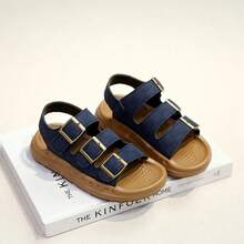 1双可调节绑带露趾儿童凉鞋，轻便防滑，休闲沙滩凉鞋，男女童均适用，夏季款 - 藍色 - 查看 2