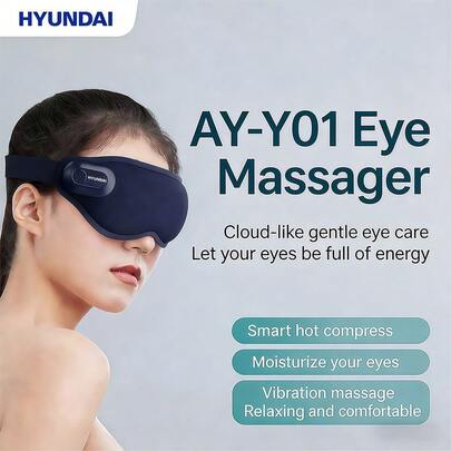 HYUNDAI AY-Y01 Eye Massager: Slim, Foldable, Portable, And Easy To Clean. Features Vibration, Heating, And Gentle Massage. 3D Design Conforms To The Eye Area. Wireless Magnetic Battery For Convenient Charging. Navy Blue.