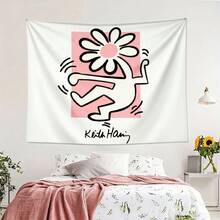 1pc Bedroom Decor Keith Haring Dancing Flower Figure Pink Background Tapestry, Decorative Wall Hanging Tapestry For Bedroom, Lotus Spiritual Tapestry, Beach Mat, College Dorm Home Decor Hanging Cloth Gifts Birthday Graduation - 1PC - Xem 1