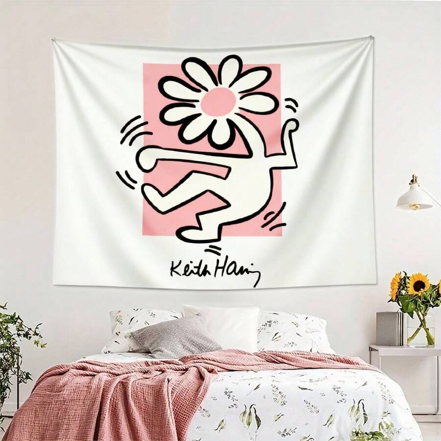 1pc Bedroom Decor Keith Haring Dancing Flower Figure Pink Background Tapestry, Decorative Wall Hanging Tapestry For Bedroom, Lotus Spiritual Tapestry, Beach Mat, College Dorm Home Decor Hanging Cloth Gifts Birthday Graduation - 1PC - Xem 1