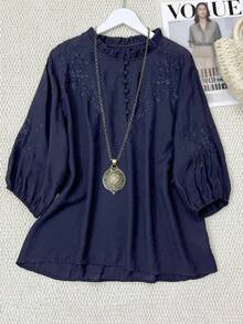 女士休闲刺绣宽松波西米亚复古中袖衬衫，纯色，适合春夏春季穿着 - 藏蓝色 - 查看 1