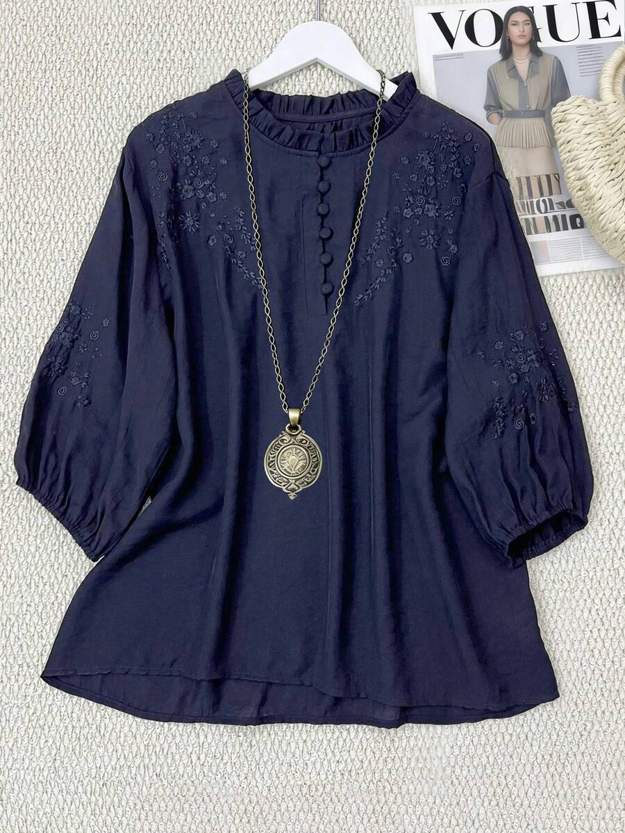 女士休闲刺绣宽松波西米亚复古中袖衬衫，纯色，适合春夏春季穿着 - 藏蓝色 - 查看 1