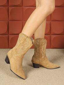 女士驼色尖头刺绣粗跟踝靴，优雅百搭，适合日常穿着 - 駝色 - 查看 4