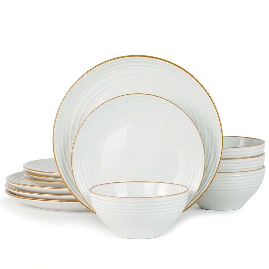 Richmount Dinnerware Set For 4 People, Stoneware Dinnerware Set With Speckled And Ribbed Pattern, Complete With Plates And Cereal Bowls, Dishwasher And Microwave, Scratch Resistant - trắng - Xem 1