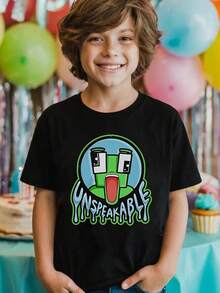 Tween Boys Graphic Cotton Round Neck T-Shirt, Black Tee With Cartoon Frog Character, Regular Length, Unspeakable Art Print Tops, Soft Breathable Clothes Boy's, Casual Fun. - FMY260127-FSB5 - 查看 3
