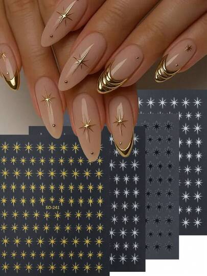 4片装 3D 金属激光金色星爆美甲贴纸 简约星星装饰美甲贴纸 Y2K 美甲贴片 美甲配件 美甲用品