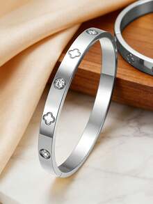 1pc Fashionable Luxury Stainless Steel Rhinestone Bangle Bracelet, Suitable For Daily Wear - Silver - View 2