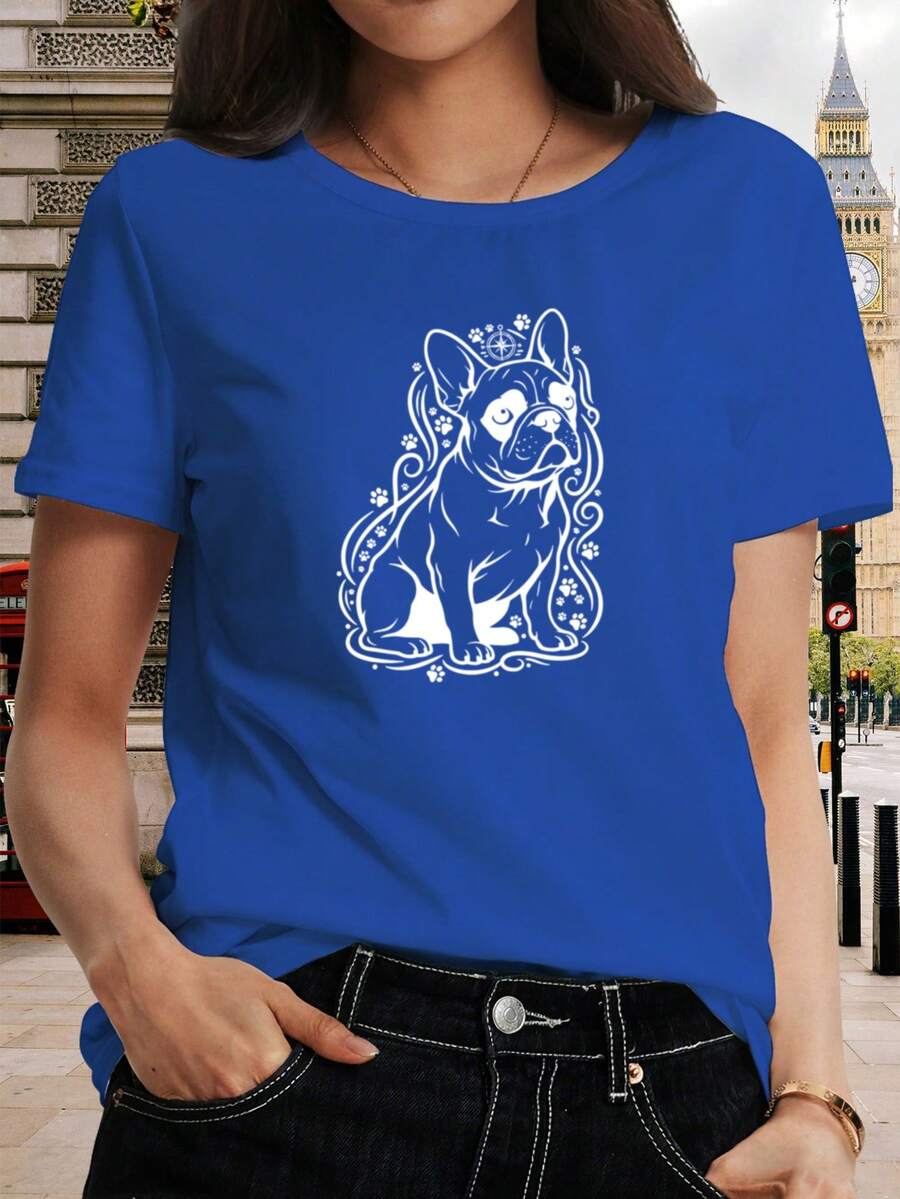 Camiseta para mujer con estampado de perro - Prenda de manga corta con patrón de cachorro de líneas simples, capa base o sudadera independiente, top casual de cuello redondo, imprescindible para amantes de las mascotas, ajuste holgado, ropa casual, adecuada para combinar con jeans y vestidos - Azul - Ver 1