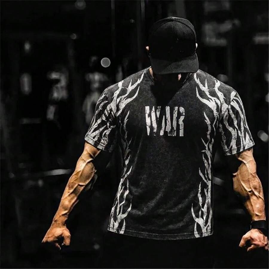 Dark Style Flame Print Short Sleeve T-Shirt, WAR Letter Graphic Street Fashion Tee For Men - Black - View 1