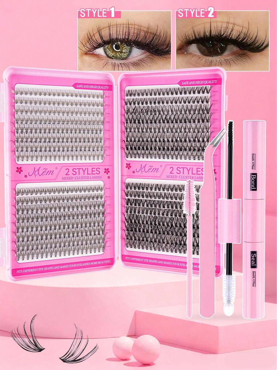 640pcs Eyelash Extension Kit, DIY Eyelash Extension Set (8-16mm), Individual Cluster Eyelashes D Curl Eyelash Extension Kit With Glue, Sealer And Eyelash Curler Tools, Eyelashes, Eyelash Clusters, Mascara, Artificial Black Eyeliner Suitable For Daily Use, Parties, Travel Or Gift For Family And Friends - 黑色 - 查看 1
