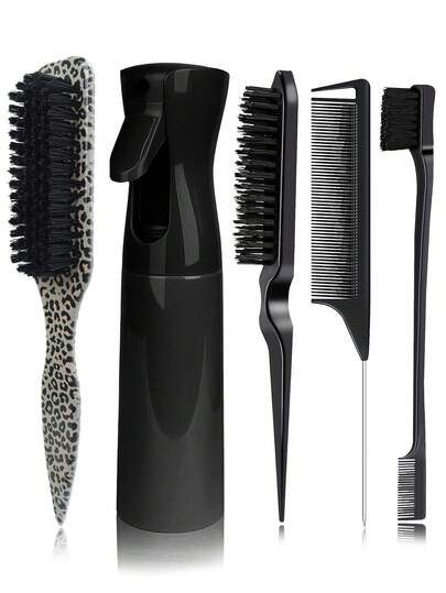 Kit de cepillo para barba con punta afilada, cepillo de estilo vintage para cabello y barba con aceite, botella rociadora, cepillo para barba, cepillo para alisar el cabello hacia atrás para coleta y moño liso, y para alisar los pelitos rebeldes, control de bordes - Cepillo para cabello con cola de rata ancha para seccionar y separar