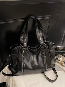 Retro Minimalist Large Capacity Fashion Student/Work Commute Tote Bag - Black - View 10