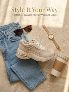 Bello Star Fashionable Casual Everyday Wedge Sneakers - Beige - View 1